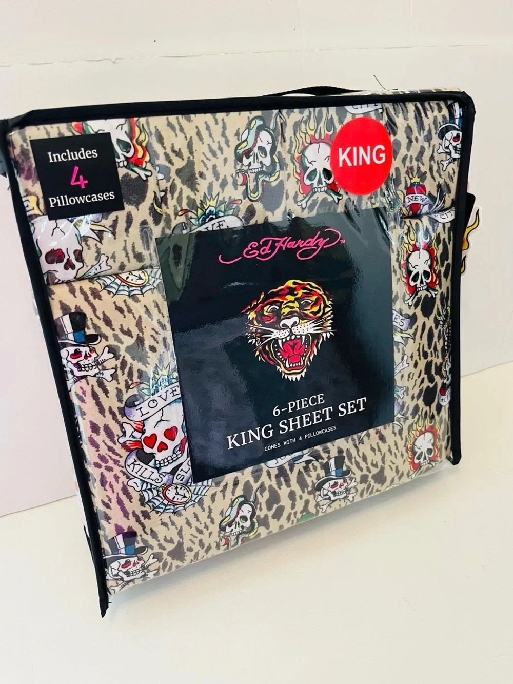 Ed Hardy 6 Piece King Size Sheet Set Love Kills Slowly Leopard Print Skulls
